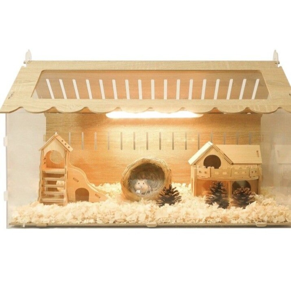 Wood Hamster Hideout Enclosure Mice Rat Guinea Cage House Acrylic 23x15x16